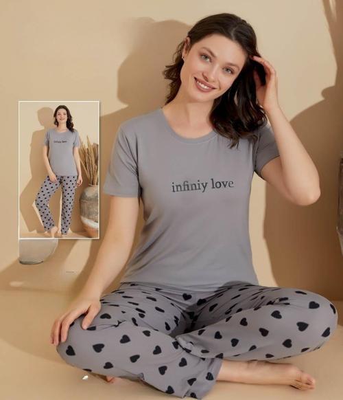 Kadın Milan Bisiklet Yaka İnce Kısa Kol Pijama Takımı 11026 - 1 Adet Gri-XL