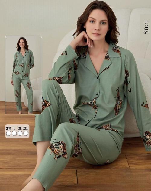 Kadın Süet Boydan Düğmeli Pijama Takımı 02001- 1 Adet Yeşil-XL