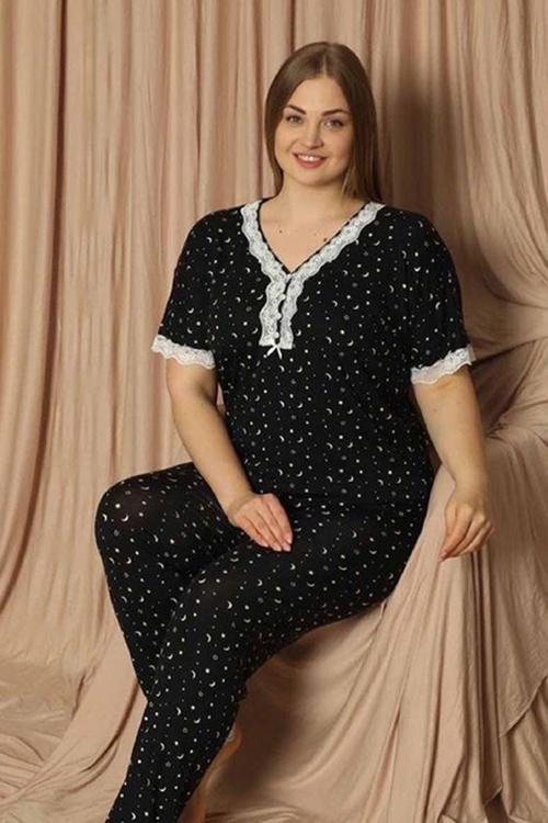 Kadın Viskon Büyük Beden Kısa Kol V Yaka İnce Pijama Takımı 7530/2 - 1 Adet Siyah-5XL