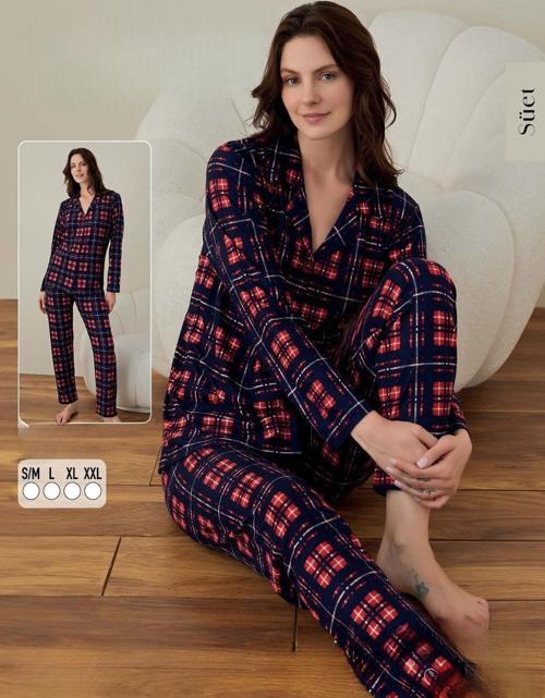 Kadın Süet Boydan Düğmeli Pijama Takımı 02003 - 1 Adet Lacivert-XL