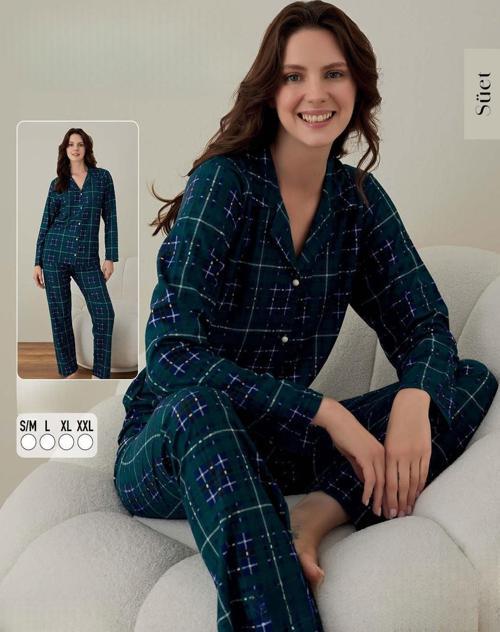 Kadın Süet Boydan Düğmeli Pijama Takımı 02005 - 1 Adet Yeşil-2XL