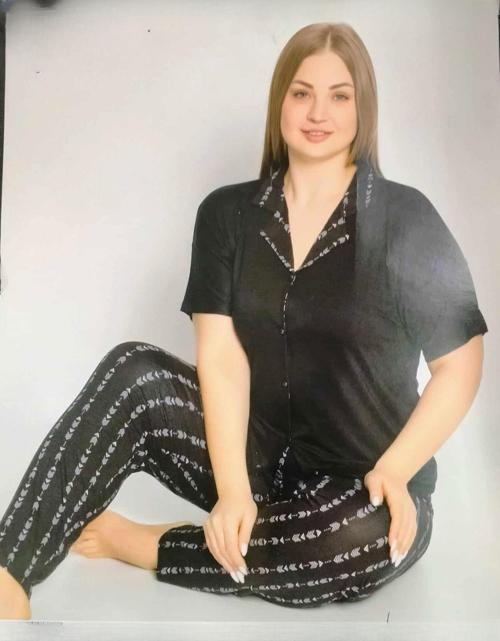 Kadın Viskon Büyük Beden Kısa Kol Boydan Düğmeli İnce Pijama Takımı 7550/1 - 1 Adet Siyah-4XL