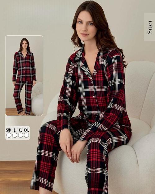 Kadın Süet Boydan Düğmeli Pijama Takımı 02007 - 1 Adet Kırmızı-XL