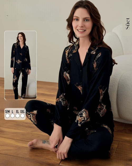 Kadın Süet Boydan Düğmeli Pijama Takımı 02004 - 1 Adet Siyah-S - M