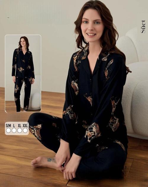 Kadın Süet Boydan Düğmeli Pijama Takımı 02004 - 1 Adet Siyah-L