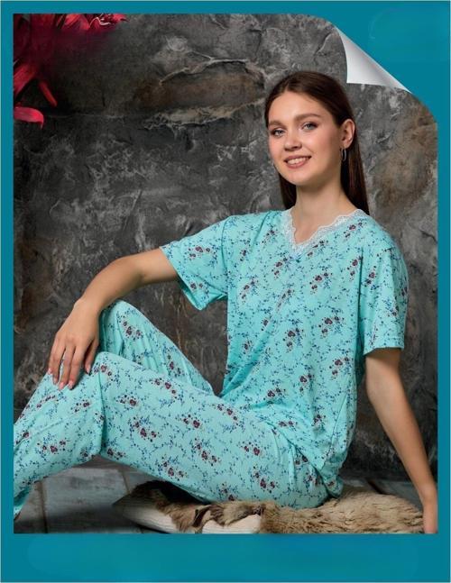 Kadın Bambu Yakası Nakışlı V Yaka Kısa Kol İnce Pijama Takımı P300/312 - 1 Adet Yeşil-L