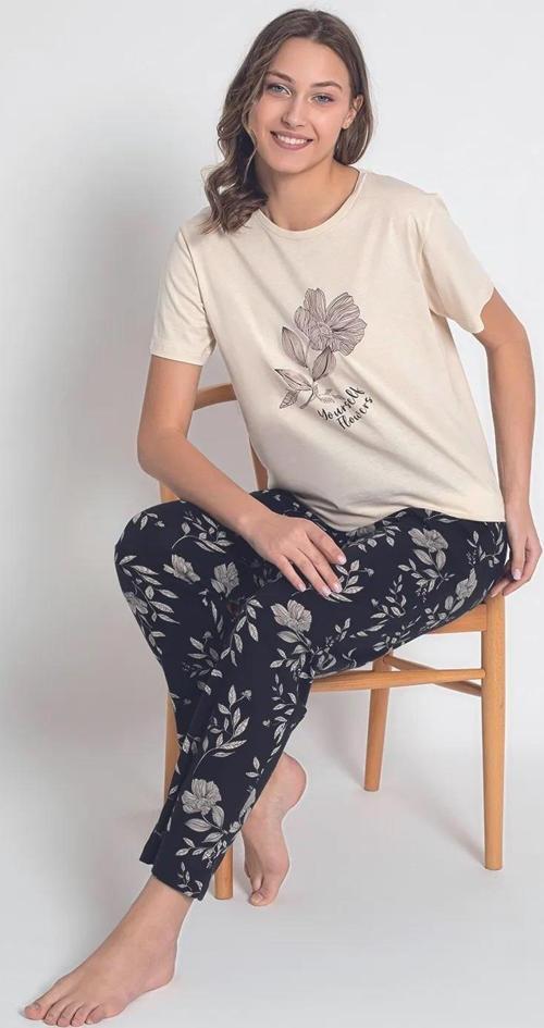 Kadın Bisiklet Yaka Kısa Kol Pamuklu Pijama Takımı 6043 -1 Adet Ekru-L