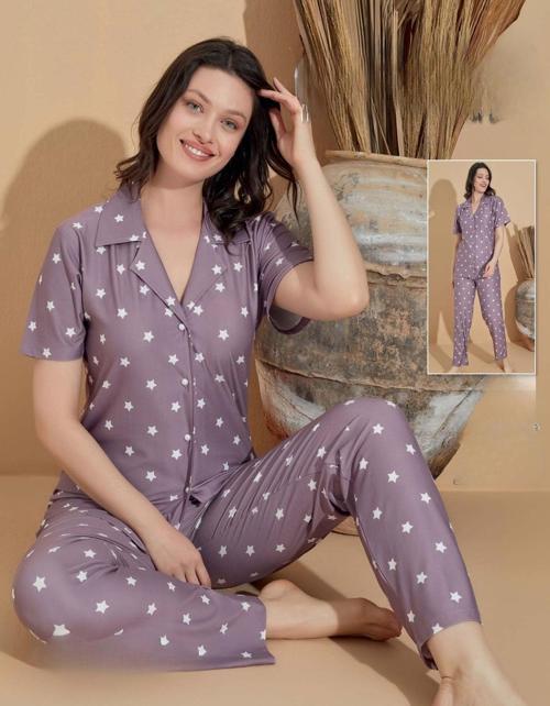 Kadın Milan Boydan Düğmeli Kısa Kol İnce Pijama Takımı 11032 - 1 Adet Lila-XL