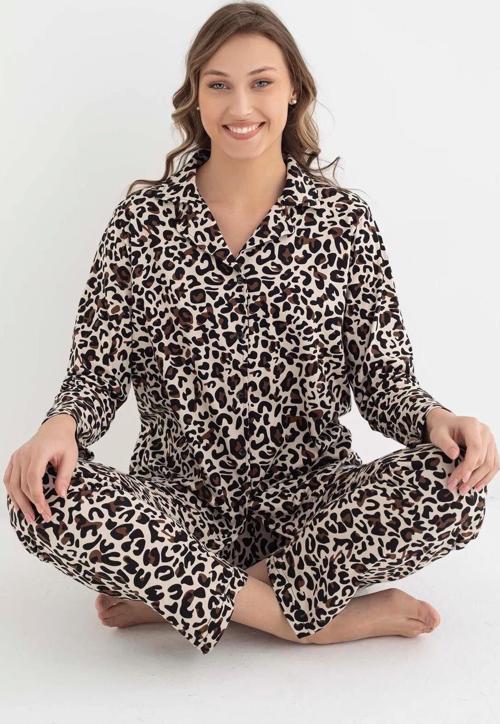 Kadın Gömlek Yaka Uzun Kol Leopar Desenli Pamuklu Pijama Takımı 6007 -1 Adet Kahverengi-XL