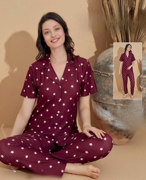 Kadın Milan Boydan Düğmeli Kısa Kol İnce Pijama Takımı 11035 - 1 Adet Bordo-XL