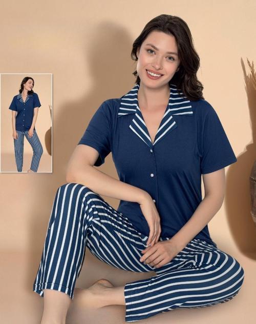 Kadın Milan Boydan Düğmeli Kısa Kol İnce Pijama Takımı 11036 - 1 Adet Lacivert-XL