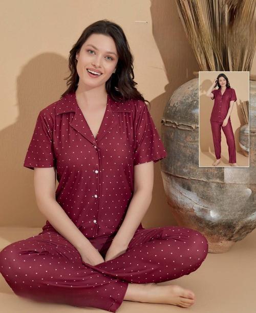 Kadın Milan Boydan Düğmeli Kısa Kol İnce Pijama Takımı 11037 - 1 Adet Bordo-L