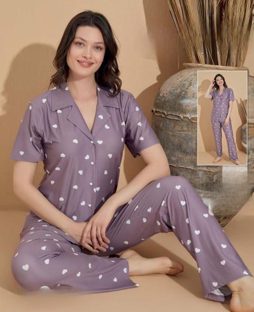 Kadın Milan Boydan Düğmeli Kısa Kol İnce Pijama Takımı 11039 - 1 Adet Lila-XL