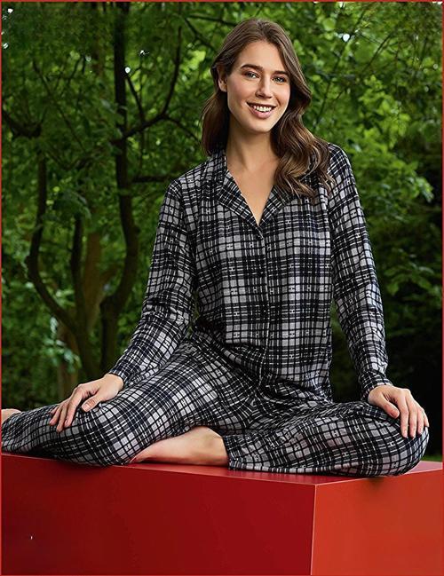 Kadın Süet Önden Düğmeli Likralı Pijama Takımı 10 - 1 Adet Gri-XL