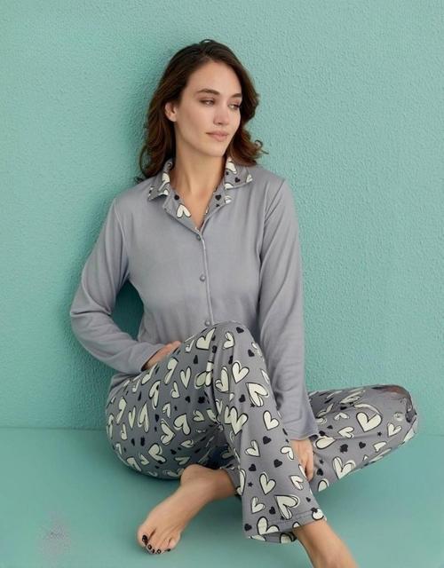 Kadın Gömlek Yaka TERMAL Pijama Takımı 14300/8 - 1 Adet Gri-2XL