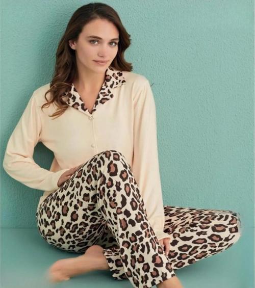 Kadın Gömlek Yaka TERMAL Pijama Takımı 14300/1 - 1 Adet Sarı-L