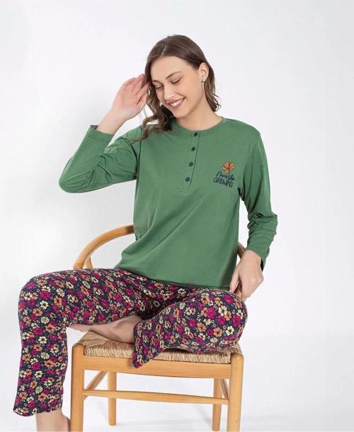 Kadın Düğmeli Yaka Uzun Kol Pamuklu Pijama Takımı 6031 -1 Adet Yeşil-L