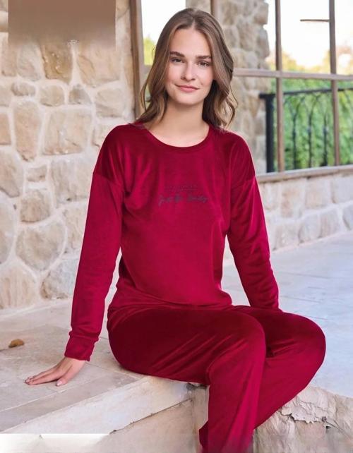 Kadın Kışlık Bisiklet Yaka Likralı Soft Kadife Pijama Takımı 4200/11 - 1 Adet Kırmızı-L