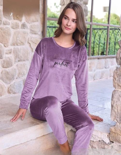 Kadın Kışlık Bisiklet Yaka Likralı Soft Kadife Pijama Takımı 4200/13 - 1 Adet Lila-XL