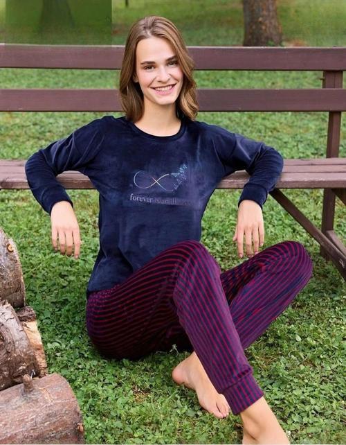 Kadın Kışlık Bisiklet Yaka Likralı Kadife Pijama Takımı 4210/3- 1 Adet Lacivert-S - M