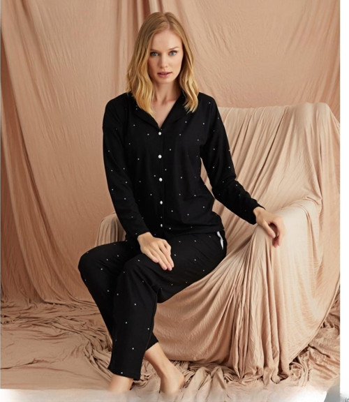 Kadın Süet Önden Düğmeli Pijama Takımı 56607 - 1 Adet Siyah-S - M