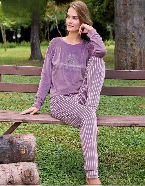 Kadın Kışlık Bisiklet Yaka Likralı Kadife Pijama Takımı 4210/6- 1 Adet Lila-XL