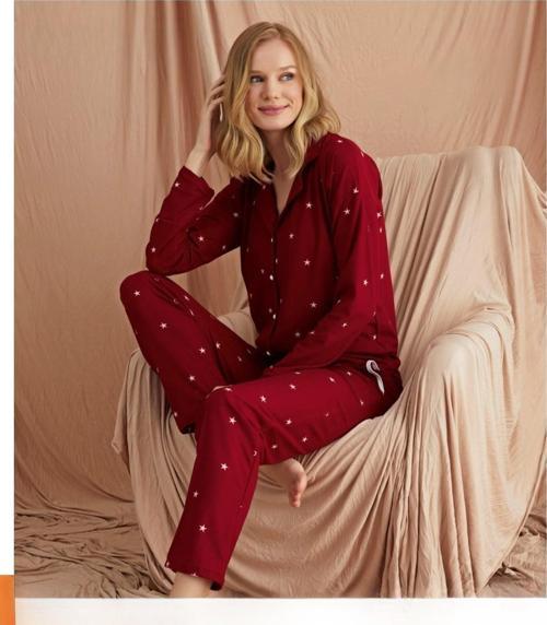 Kadın Süet Önden Düğmeli Pijama Takımı 56608 - 1 Adet Kırmızı-2XL