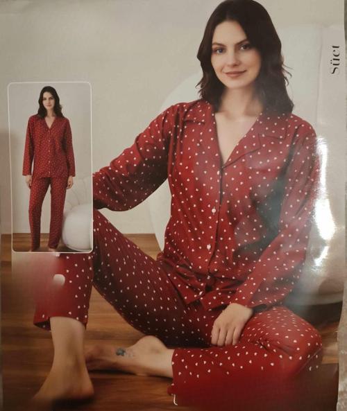 Kadın Süet Boydan Düğmeli Pijama Takımı 02021 - 1 Adet Kırmızı-2XL