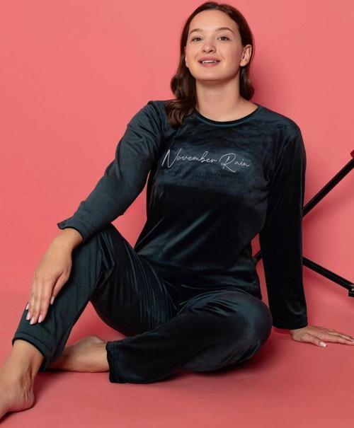 Charme Kadın Kışlık Bisiklet Yaka Kadife Pijama Takımı A301/505- 1 Adet Koyu Yeşil-2XL