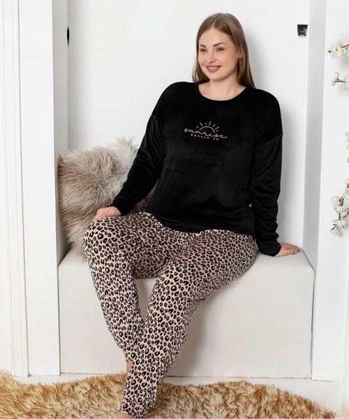 Kadın Kadife Büyük Beden Bisiklet Yaka Uzun Kol Pijama Takımı 4230/1- 1 Adet Siyah-4XL