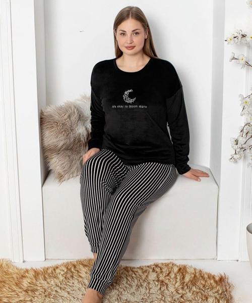 Kadın Kadife Büyük Beden Bisiklet Yaka Uzun Kol Pijama Takımı 4230/5- 1 Adet Siyah-4XL