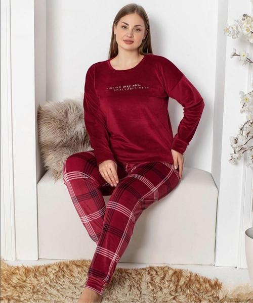 Kadın Kadife Büyük Beden Bisiklet Yaka Uzun Kol Pijama Takımı 4230/6- 1 Adet Bordo-4XL