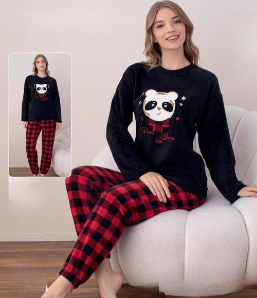 Kadın Kışlık Bisiklet Yaka Soft Kadife Pijama Takımı 07016 - 1 Adet Siyah-S - M