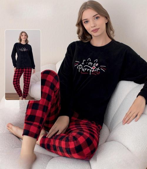 Kadın Kışlık Bisiklet Yaka Soft Kadife Pijama Takımı 07018 - 1 Adet Siyah-XL