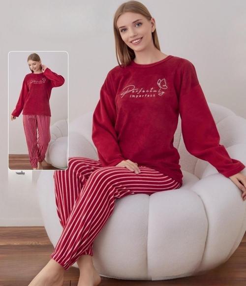 Kadın Kışlık Bisiklet Yaka Soft Kadife Pijama Takımı 07021 - 1 Adet Kırmızı-XL