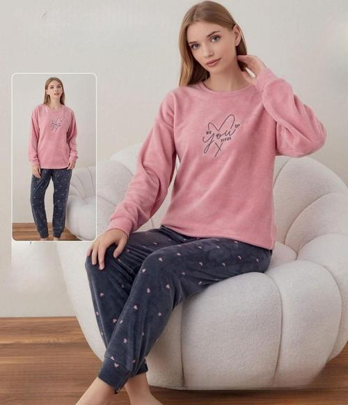 Kadın Kışlık Bisiklet Yaka Soft Kadife Pijama Takımı 07035 - 1 Adet Pembe-S - M