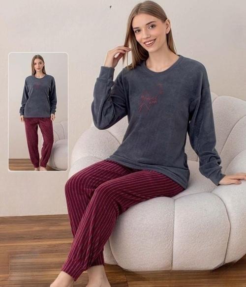 Kadın Kışlık Bisiklet Yaka Soft Kadife Pijama Takımı 07037 - 1 Adet Füme-2XL