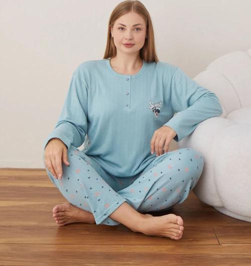 Lindros Kadın Pamuklu Düğme Yaka Raporlu İnterlok Battal Pijama Takımı 05108 - 1 Adet Su Yeşil-3XL