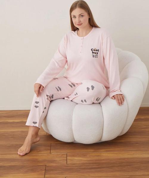 Lindros Kadın Pamuklu Düğme Yaka Raporlu İnterlok Battal Pijama Takımı 05109 - 1 Adet Pembe-5XL