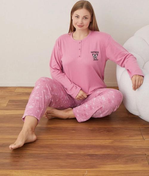 Lindros Kadın Pamuklu Düğme Yaka Raporlu İnterlok Battal Pijama Takımı 05110 - 1 Adet Pembe-5XL