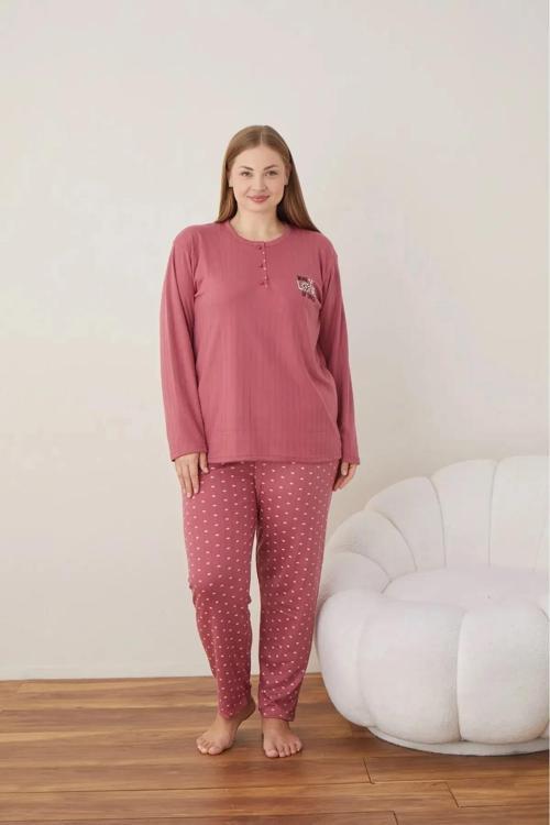 Lindros Kadın Pamuklu Düğme Yaka Raporlu İnterlok Battal Pijama Takımı 05121 - 1 Adet Gül Kurusu-4XL