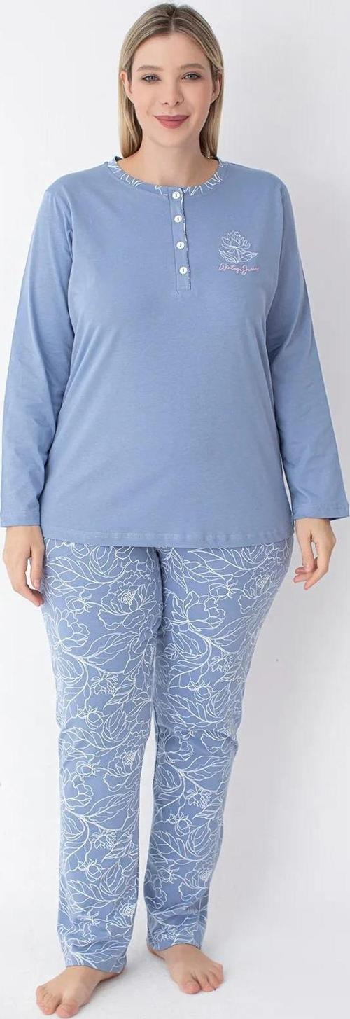 Kadın Büyük Beden Düğmeli Yaka Uzun Kol %100 Pamuk Pijama Takımı 6068 -1 Adet Mavi-3XL