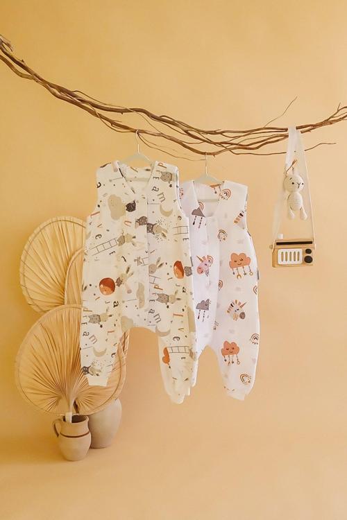 Oeko-Tex Sertifikalı %100 Pamuklu Pazen Kumaş Baskılı Çift Katlı 1 Tog Kız Bebek Uyku Tulumu 2'Li