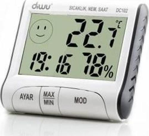 Diwu DC102 İç Mekan Termometre Nem Ölçer Saat