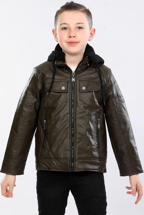 Erkek Çocuk İçi Kürklü Kapişonlu Su Geçirmez Suni Deri Mont AVM032VF Haki