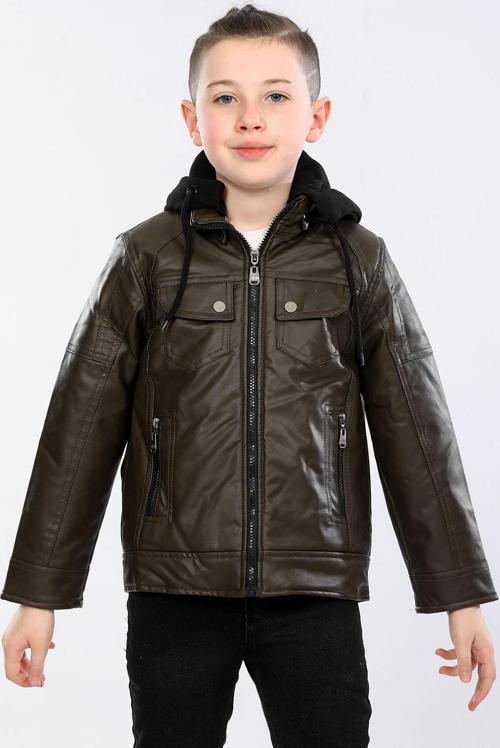 Erkek Çocuk İçi Kürklü Kapişonlu Su Geçirmez Suni Deri Mont AVM032VF Haki