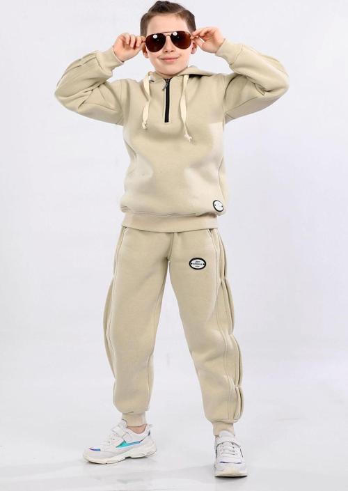 Çocuk Üç İp Şardonlu Kapüşonlu Kışlık Eşofman Takımı Bej MRN51203