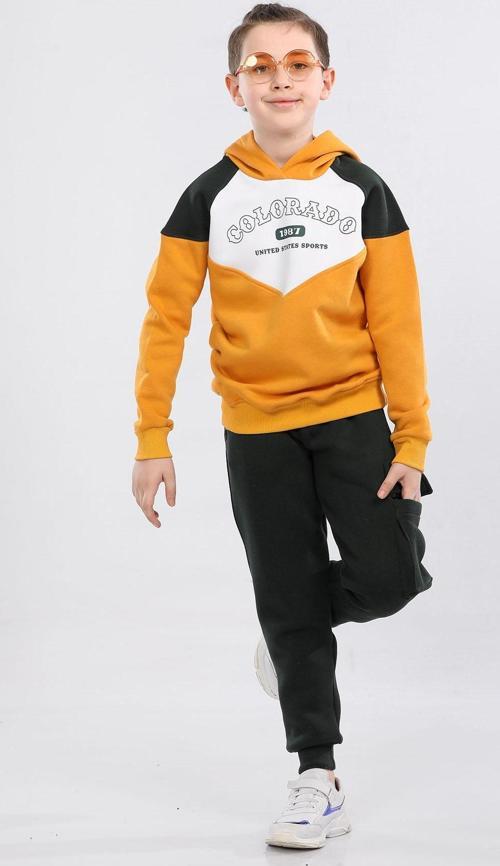 Erkek Çocuk Reglan Kol Kapüşonlu Üç İp Kışlık Eşofman Takımı Hardal MRN51207