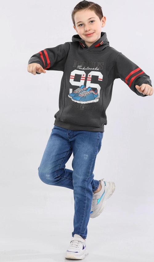 Erkek Çocuk Üç İp İçi Şardonlu Baskılı Kapüşonlu Kışlık Sweatshirt Gri MRN7015