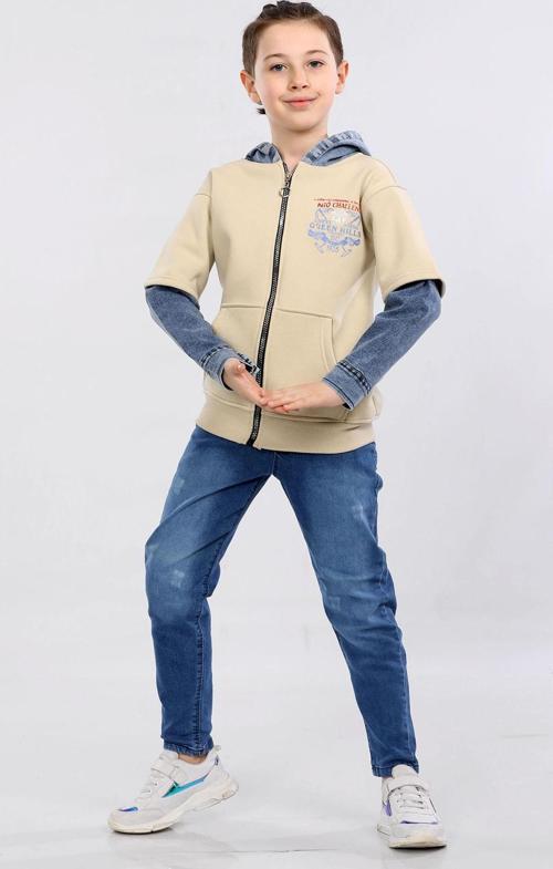 Erkek Çocuk İki İp Kot Detaylı Fermuarlı Kapüşonlu Sweatshirt Bej MRN7003